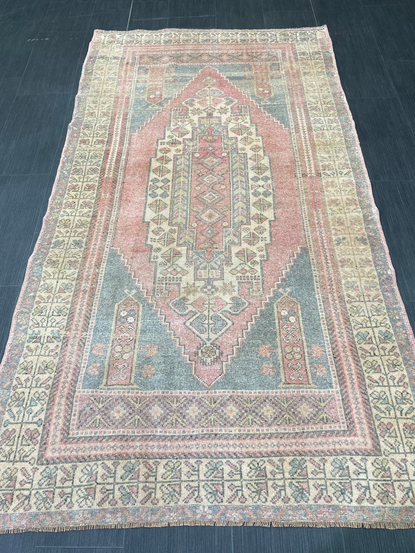 Vintage Handmade Rug Muted  3.8 x 7 Vintage Rug Wool Oushak Rug Hand Made Rugs Vintage Turkish Rug Living Room Rug
