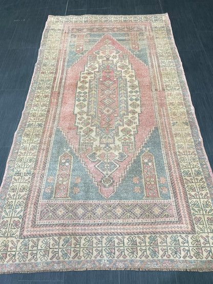 Vintage Handmade Rug Muted  3.8 x 7 Vintage Rug Wool Oushak Rug Hand Made Rugs Vintage Turkish Rug Living Room Rug