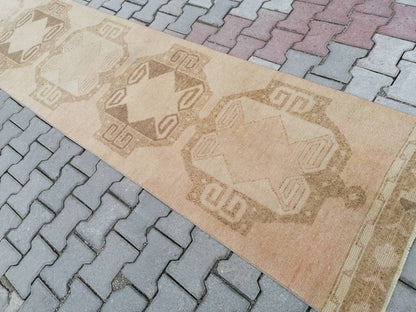 21'4x2'7 long handmade wool runner, neutral oushak runner rug,hallway vintage runner rug,