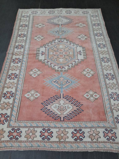 Muted Vintage Turkish Rug 5.2 x 8  Oushak Rug, Wool Oriental Rug Pink Muted Vintage Persian Rug, Hand Made Rug Pink Vintage Wool Rug 5x8