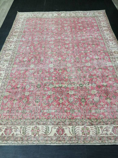 Vintage RUG 7.4 x 10.4 Vintage TURKISH Rug Persian Vintage  Rug Floral Oushak Rug Large Hand Made Rugs Vintage Turkish Pink Rug 7x10