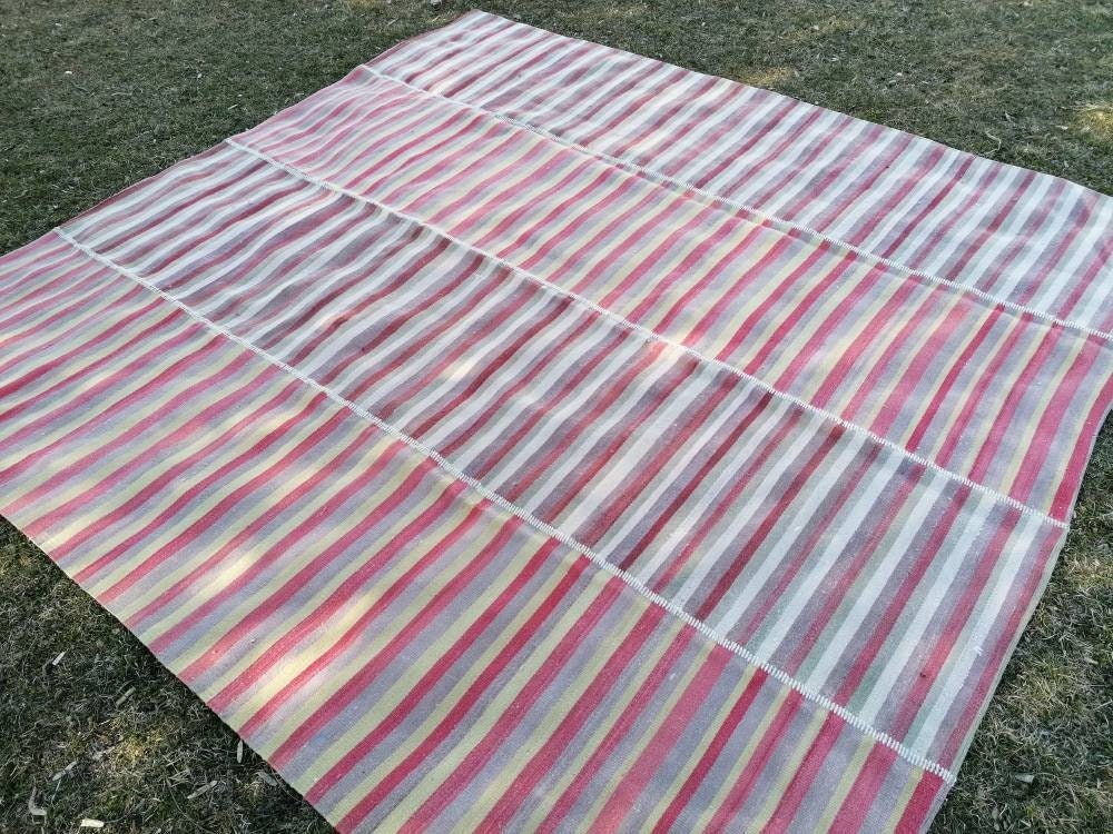 9.5x9.9 Flatwoven kilim rug stripe turkish handmade rug, Flatwoven vintage oushak rug, wool rug