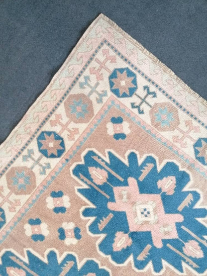 Turkish rug 4'5x7'3 blue and pink wool rug, vintage oushak rug, hand made living room rug