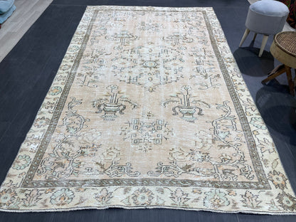 Turkish Rug, Distressed 6.6 x 9.4 Vintage Rug, Oushak Rug, Wool Oriental Rugs, Handmade Rug, Persian Rug, Vintage Turkish Rug, Farmhouse Rug