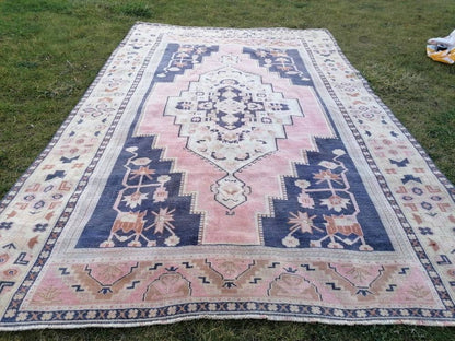 Vintage blue rug, large turkish oushak rug 6'1x9'6 living room rug, handmade wool rug
