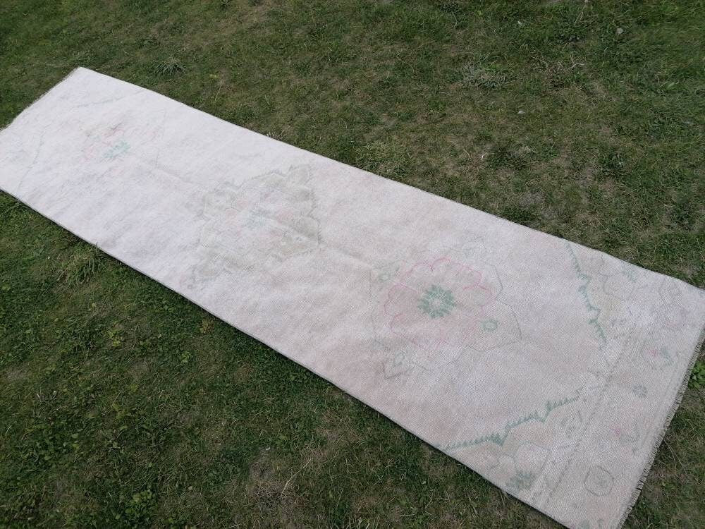Faded runner wool rug 2'10x10'7 muted runner handmade rug, hallway runner rug, kitchen runner, bohemian runner, vintage runner rug,