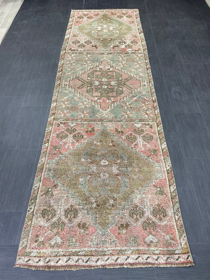 Hand Knotted Runner 3.3 x 11 Vintage Runner Rug Hallway Runner Rug Kitchen Runner Rug Wool Runner Rug Wool Turkish Runner Rug