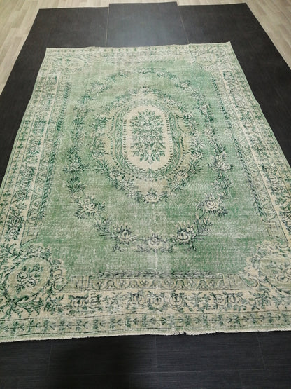 7 x 10.2 Green Vintage Rugs, Hand Made Rug, Oushak Rug, Rustic Rug 7x10 Oriental Rug, Turkish Rug, Farmhouse Rug, Vintage Rug 7x10 Wool rug