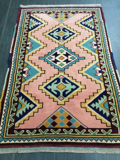3 x 4.5 PINK AND NAVY Rug Hand Made Rug, High Pile Oushak Rug,  Boho Rug, Oriental Rug Plush Turkish Rug, Farmhouse Rug, Vintage Wool rug