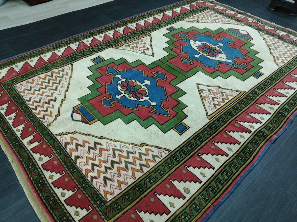 TURKISH Rug, wool Hand Made Rug, 6x9  Rustic Oushak Rug, Boho Rug, Vintage Blue and Green Rugs, Farmhouse Rug, Vintage Rug, Oushak Rug