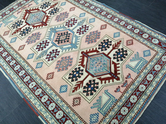 Muted Pink and Blue Wool RUG 5.8 x 3.9 Vintage Oushak Rug Vintage Rug Wool Oushak Rug Hand Made Rugs Vintage Turkish Rug