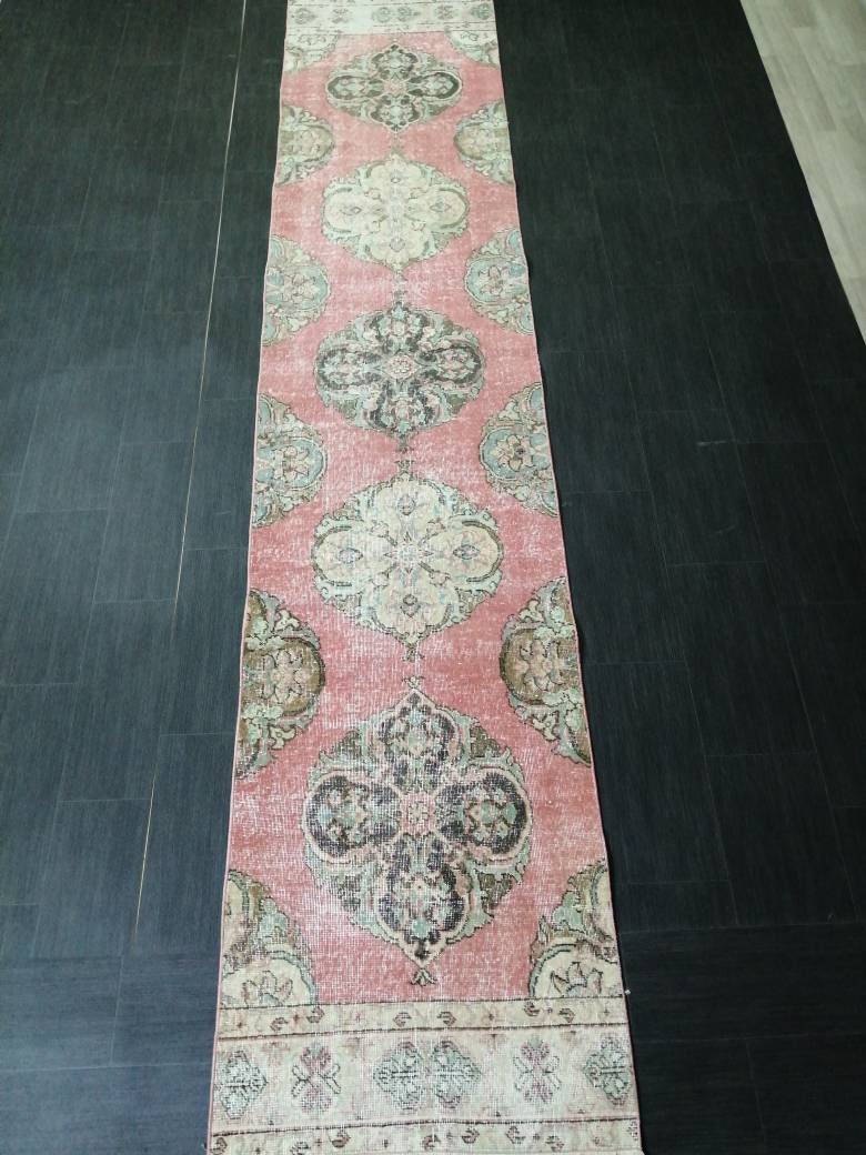 Muted Vintage Runner Rug 2.6 x 12.7 Hallway Runner Rug  Kitchen Runner Rug Wool Runner Rug Oushak Runner Rug Turkish Floral Runner Rug