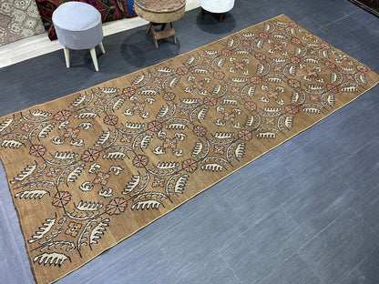 Vintage Floral RUG, Brown 4x10 Vintage Rug, TURKISH Rug, Muted Vintage Persian Rug, Vintage Wool Pink and Green Rug Muted Handmade Rug