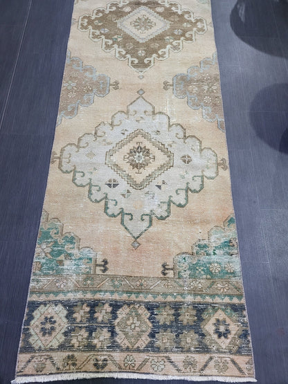 Distressed VINTAGE Rugs, Handmade Runner Rug, Oushak 2.8 x 12.10 Runner Rug, Rustic Runner Rug, Antique Rug, Turkish Rug, Farmhouse Rug,