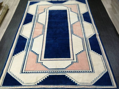 Vintage Rug,  Navy Unique Pattern Rug 6.8 x 9.8 Oushak Rugs, 7x10 Rugs,Turkish Rugs Navy Blush Green Rugs, Oriental Rug, Fine Rugs