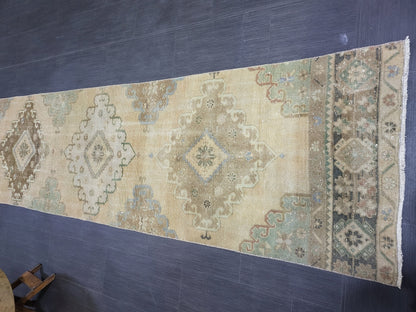 Distressed VINTAGE Rugs, Handmade Runner Rug, Oushak 2.8 x 12.10 Runner Rug, Rustic Runner Rug, Antique Rug, Turkish Rug, Farmhouse Rug,