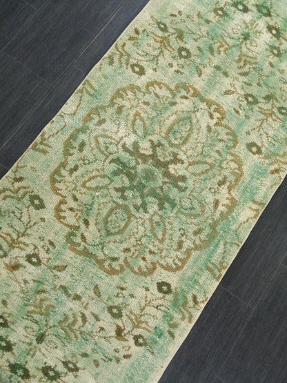 Green Oushak Runner Rug  2.9 x 9.2 Distressed Turkish Rug Runner  Vintage Runner Rug Hallway Runner Rug Kitchen Runner