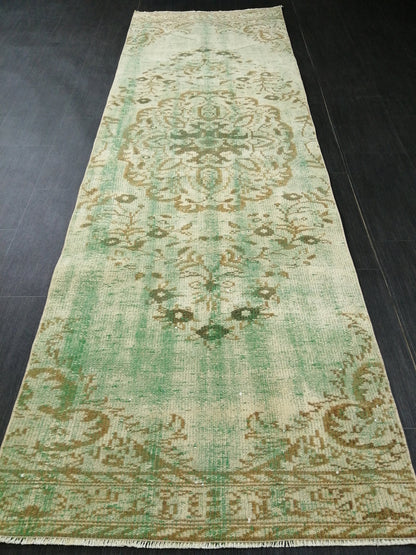 Green Oushak Runner Rug  2.9 x 9.2 Distressed Turkish Rug Runner  Vintage Runner Rug Hallway Runner Rug Kitchen Runner