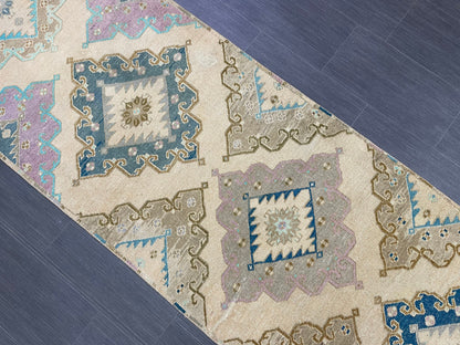 Hand Knotted Vintage Runner Rug 2.9 x 13.3 ft Muted Turkish runner rug Oushak Runner Hallway Rug runner Hand Knotted Star Runner Rug