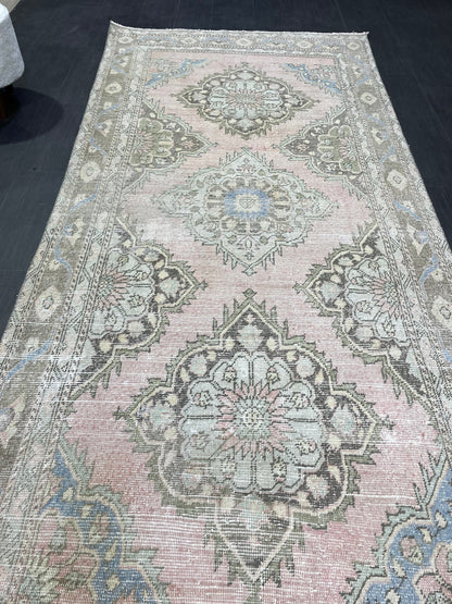 Muted Vintage Runner Rug, Hallway Runner 4.5 x 10 Rug, Kitchen Runner Rug, Muted Wool Runner Rug Muted Distressed Turkish Runner