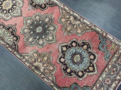 Hand Knotted Runner Rug, Vintage 3.4 x 12.7 Runner Rug, Oushak Runner Rug, Turkish Runner Rug Kitchen Runner Rug Wool Runner