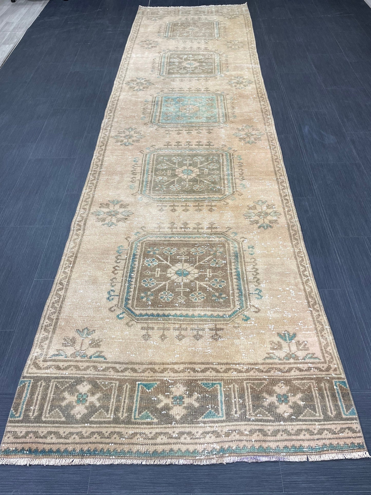 Muted Vintage Runner Rug 3.2 x 11.8 Hand Knotted Runner Rug Turkish Runner Rug Vintage Runner Rug Hallway Runner Rug Wool Kitchen Runner