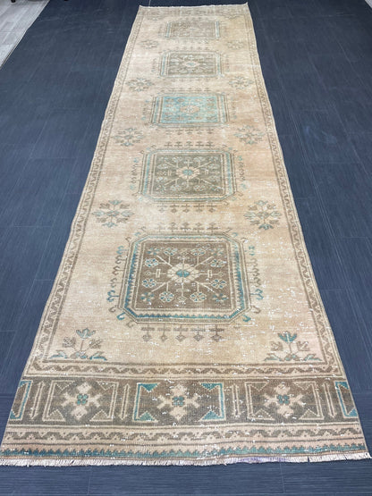 Muted Vintage Runner Rug 3.2 x 11.8 Hand Knotted Runner Rug Turkish Runner Rug Vintage Runner Rug Hallway Runner Rug Wool Kitchen Runner