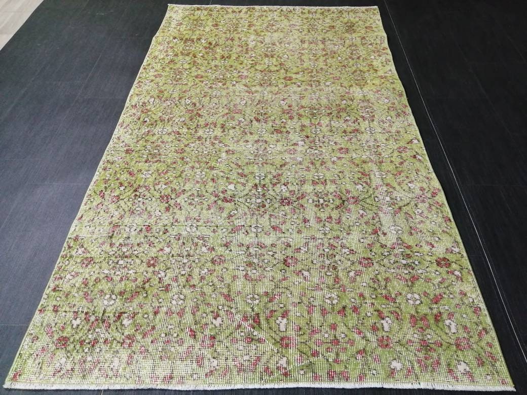 Vintage Green Rug Hand Made Rug, 3.6 x 6.5  Modern Oushak Rug,  Boho Leaves Rug, Fun Turkish Rug, Farmhouse Rug, Vintage Wool rug