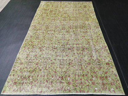 Vintage Green Rug Hand Made Rug, 3.6 x 6.5  Modern Oushak Rug,  Boho Leaves Rug, Fun Turkish Rug, Farmhouse Rug, Vintage Wool rug