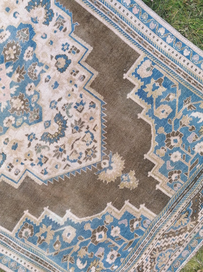 Vintage turkish rug 8'8x4'9 blue anatolian wool rug, are oushak rug, kitchen rug,room rug, unique hand made bohemian rug
