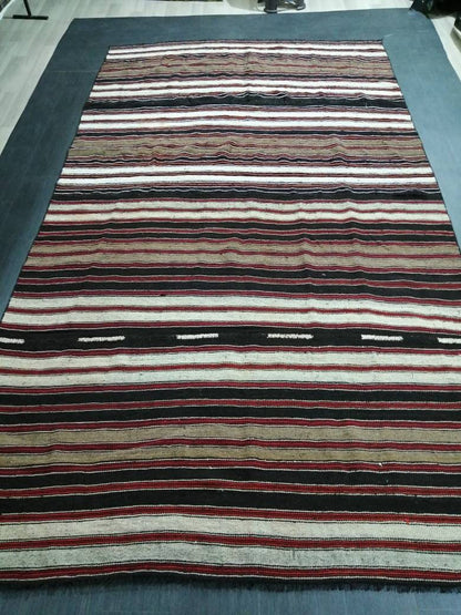 6.7 x 12 Vintage Oriental Flat woven Rug, Turkish Flatweave Carpet ,Stripe Oushak Flatweaving,Handmade Rug,Farmhouse Rug, Black rug Dark rug