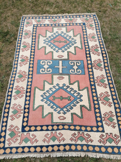 Vintage turkish blue rugs 4'5x6'9 oushak wool rug