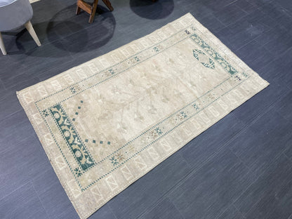 Muted Vintage Rug, TURKISH Rug, Vintage 3 x 5.2 Wool Rug, Oushak Rug, Hand Knotted Rug, 100% Wool Rug, Handmade Rug