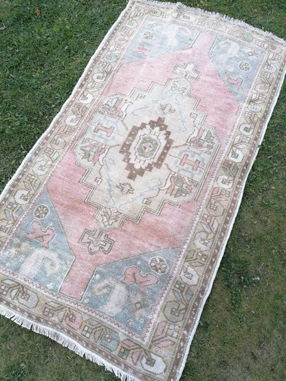 3'7x6'6 vintage pastel turkish rug, oushak vintage rug, kitchen rug,vintage anatolian bohemian rug,unique hand made bohemian