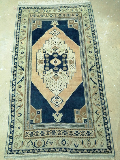 4.4 X 9.8 Vintage RUG Navy Blue TURKISH Oushak Rug Vintage Oushak Runner Rug  Wool Oushak Rug Hand Made Rugs  Turkish Rug