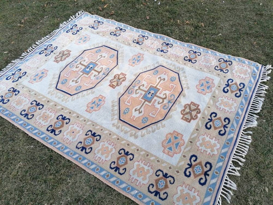 Oushak wool rug, vintage blue hand made rug 5'8x7'8 kitchen rug, living room rug, vintage anatolian rug,unique hand made rug