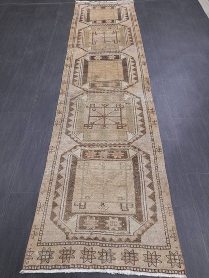 MUTED Oriental Runner Hand Knotted Runner Antique TURKISH Runner 2.7 x 10.7 Vintage Runner Rug Muted Vintage Runner Rug Kitchen Runner