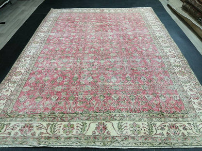Vintage RUG 7.4 x 10.4 Vintage TURKISH Rug Persian Vintage  Rug Floral Oushak Rug Large Hand Made Rugs Vintage Turkish Pink Rug 7x10