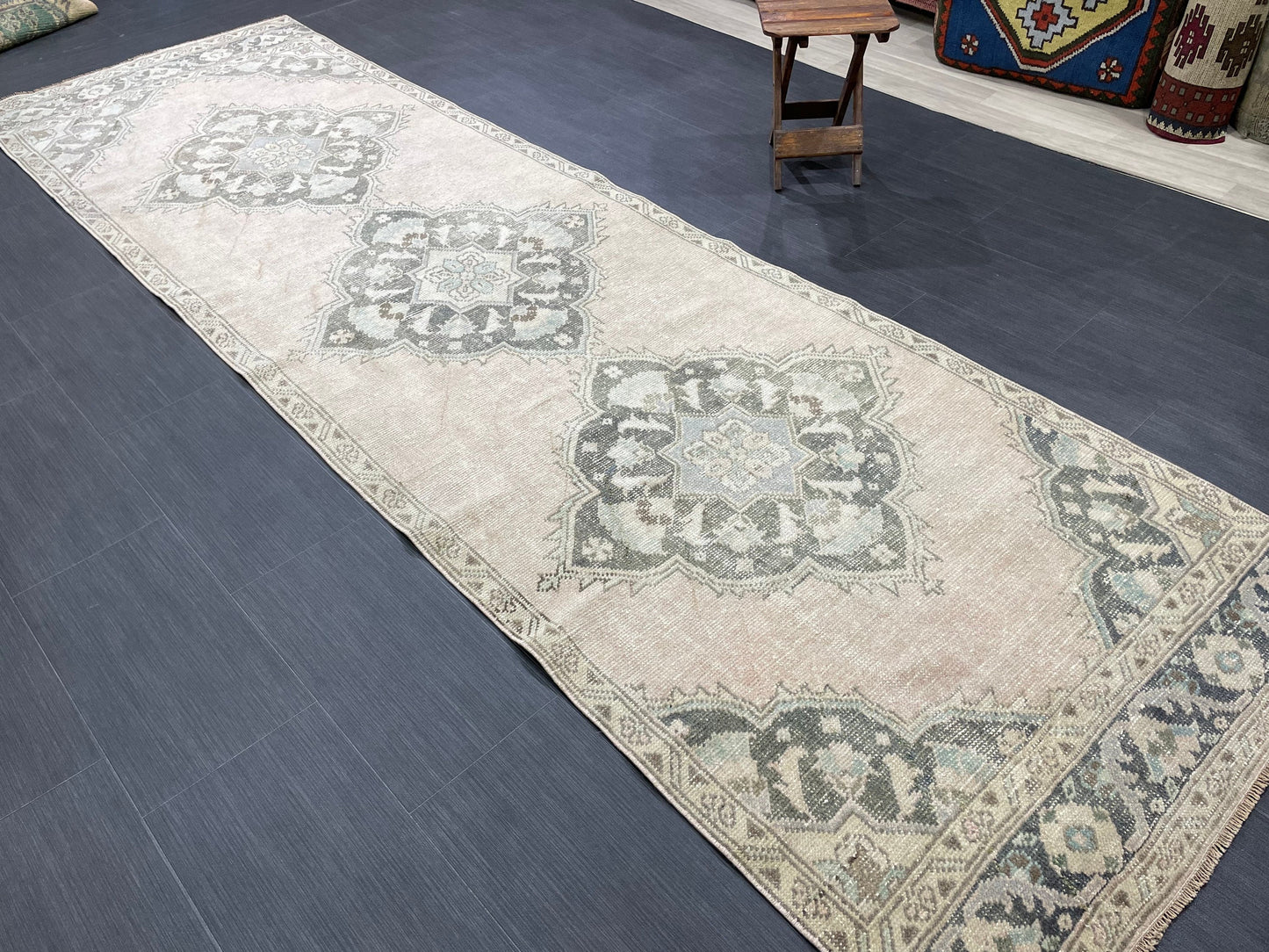 3.4 x 11.2 Faded Oushak Runner Rug Turkish Runner Rug Distressed Vintage Runner Rug Hallway Runner Kitchen Runner Wool Pastel Pink And Green