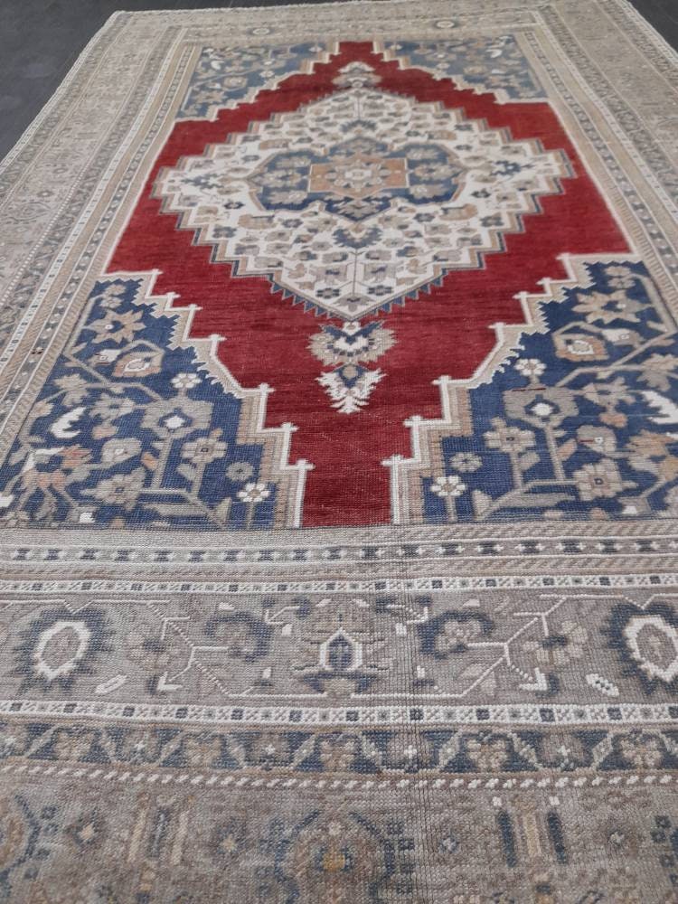 Vintage Oriental RUG 6 x 9.5 Oushak Rug Turkish Vintage Persian Rug Navy Vintage Rug Fine Wool Oushak Rugs Turkish Rug Muted Living room Rug
