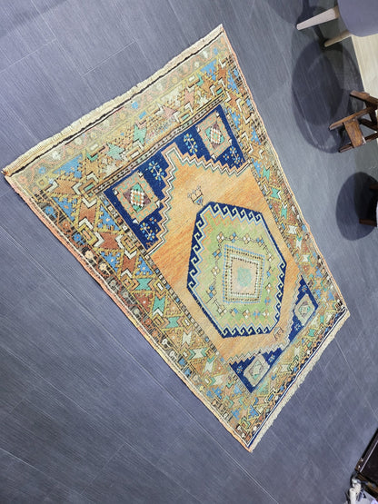 OUSHAK RUG, TURKISH 3.6 x 6 Rug, Vintage Oushak Rug, Vintage Rug, Wool Hand Knotted Rug, Handmade Blue Rugs, Vintage Turkish Rug