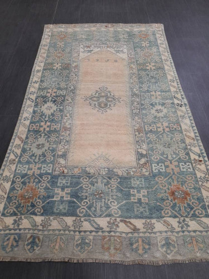 Muted Vintage RUG 3.7 x 6.6 TURKISH Rug Distressed Vintage  Rug Wool Oushak Rug Large Hand Made Rugs Vintage Turkish Rug Hand Knotted Rug