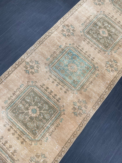 Muted Vintage Runner Rug 3.2 x 11.8 Hand Knotted Runner Rug Turkish Runner Rug Vintage Runner Rug Hallway Runner Rug Wool Kitchen Runner