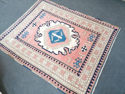 Vintage blue rug, oushak pink rug 4'9x6 handmade wool rug, living room rug