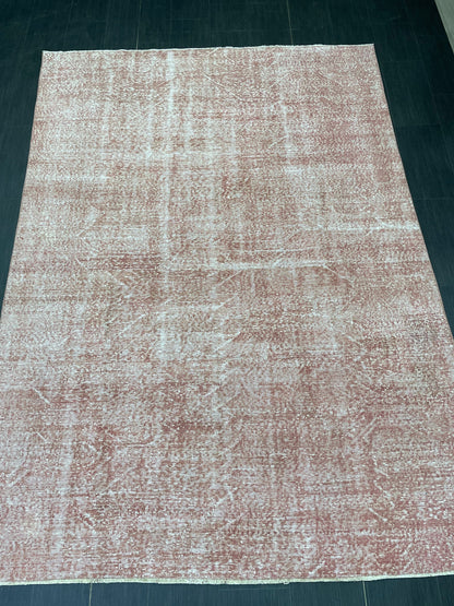 Distressed Hand Knotted Rug 6.5 x 9.2 Handmade Rug Oushak Rug Persian Rug Oriental Rug Vintage Turkish Rug Pink Wool Rug