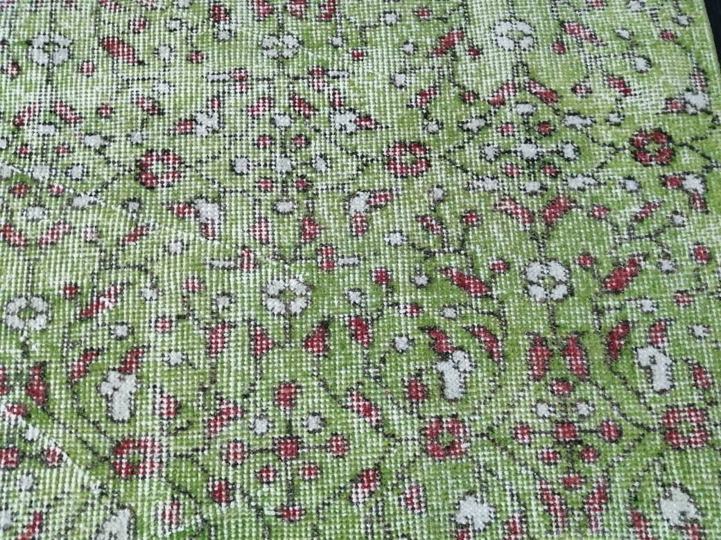 Vintage Green Rug Hand Made Rug, 3.6 x 6.5  Modern Oushak Rug,  Boho Leaves Rug, Fun Turkish Rug, Farmhouse Rug, Vintage Wool rug