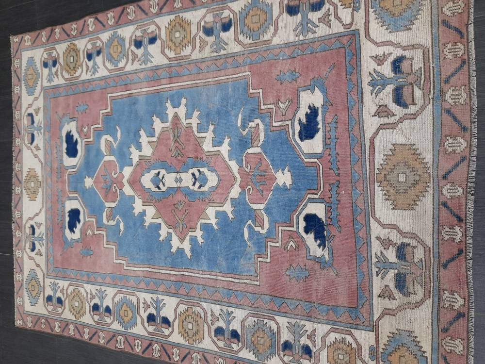 Blue Distressed Wool 5.6 x 7.8 RUG TURKISH Rug Vintage Oriental Rug Vintage Rug Oushak Rug Hand Made Rug Vintage Hand Knotted Turkish Rug