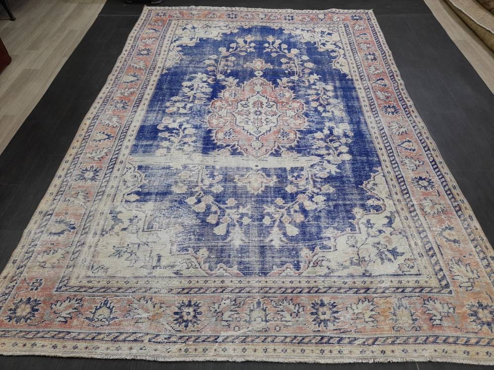Antique Distressed RUG Wool Distressed TURKISH Rug 6.6 x 9.6 Blue Vintage Rug Vintage Rug Wool Oushak Rug Hand Made Rug Hand Knotted Rug