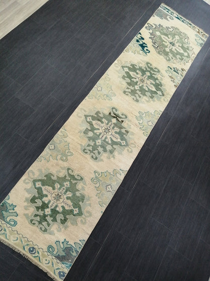 Muted Oushak Runner Rug 10.9 x 2.4 Vintage Runner Rug Hallway Runner Rug Kitchen Runner Rug Wool Runner Rug Wool Oushak Rug