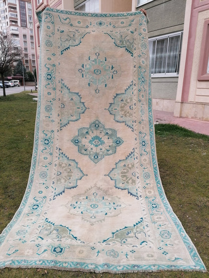 Oushak wool rug 5'4x10'8 long faded blue oushak runner rug vintage runner, hallway runner, kitchen runner rug